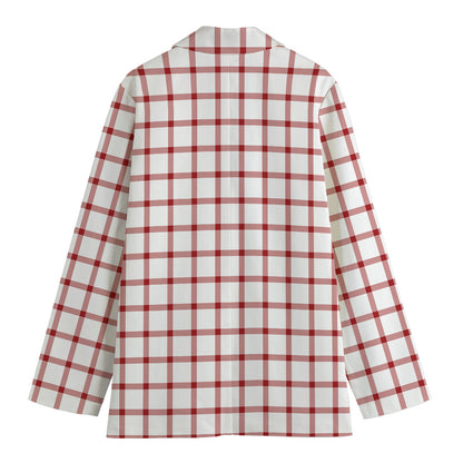 Red And White Tattersall Pattern Print Women's Cotton Blazer