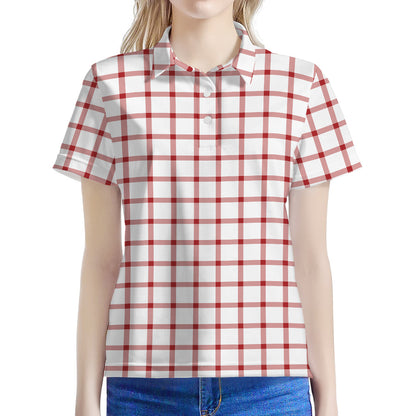 Red And White Tattersall Pattern Print Women's Polo Shirt