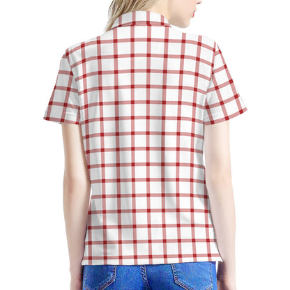 Red And White Tattersall Pattern Print Women's Polo Shirt
