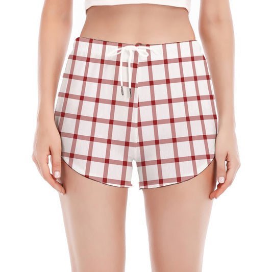 Red And White Tattersall Pattern Print Women's Split Running Shorts