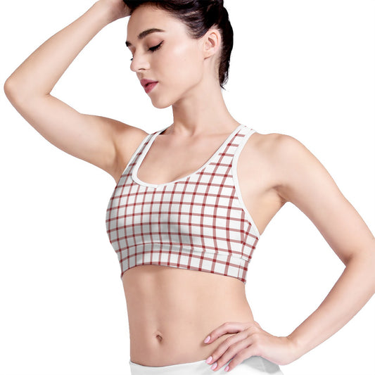 Red And White Tattersall Pattern Print Women's Sports Bra