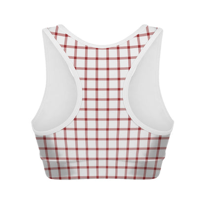 Red And White Tattersall Pattern Print Women's Sports Bra