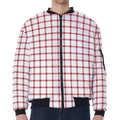 Red And White Tattersall Pattern Print Zip Sleeve Bomber Jacket