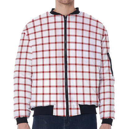 Red And White Tattersall Pattern Print Zip Sleeve Bomber Jacket