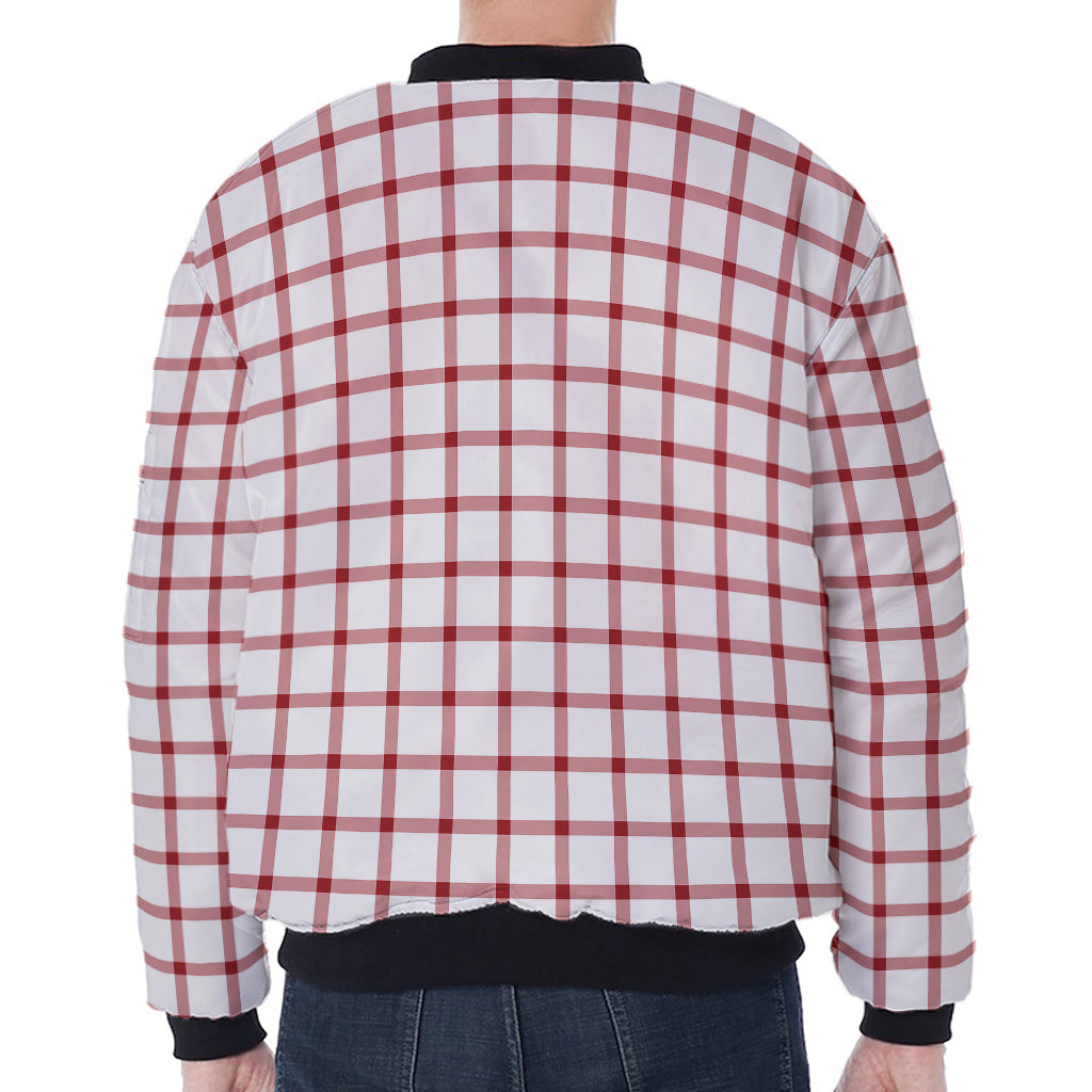 Red And White Tattersall Pattern Print Zip Sleeve Bomber Jacket