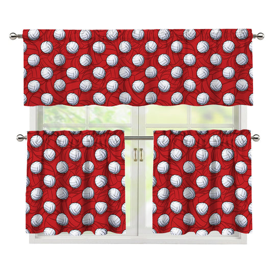 Red And White Volleyball Pattern Print 3 Piece Kitchen Curtains