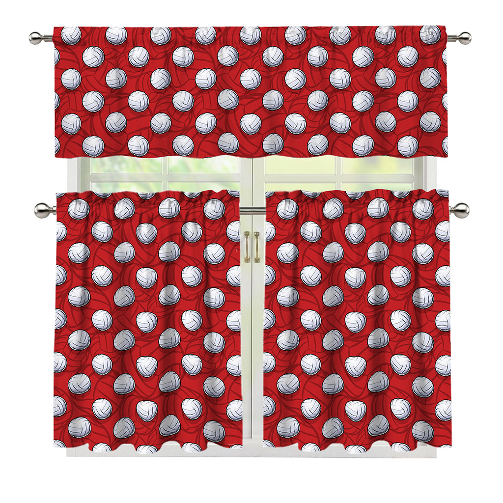 Red And White Volleyball Pattern Print 3 Piece Kitchen Curtains