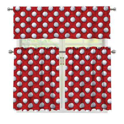 Red And White Volleyball Pattern Print 3 Piece Kitchen Curtains