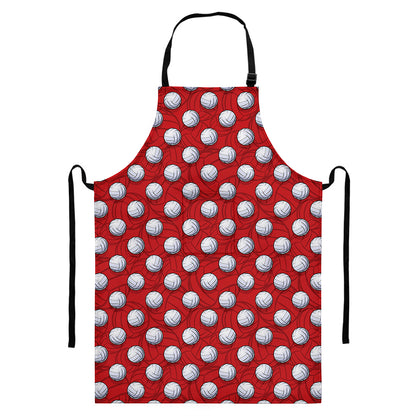 Red And White Volleyball Pattern Print Bib Apron With Pocket