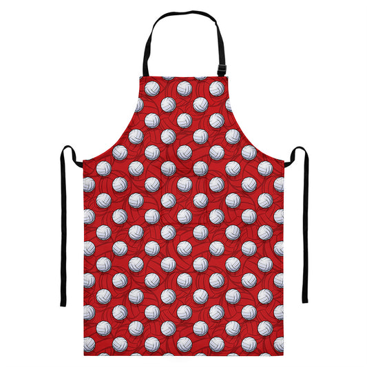 Red And White Volleyball Pattern Print Bib Apron With Pocket