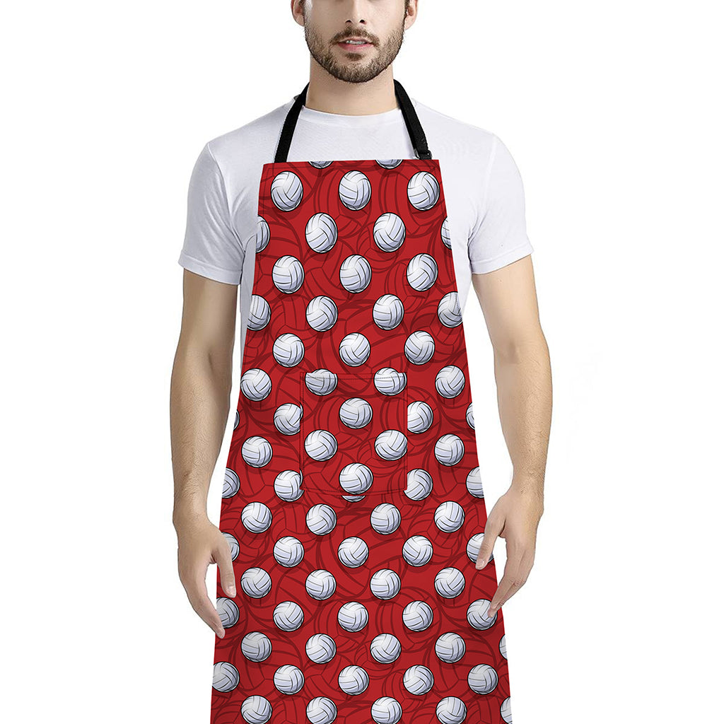 Red And White Volleyball Pattern Print Bib Apron With Pocket