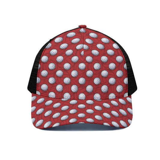 Red And White Volleyball Pattern Print Black Mesh Trucker Cap