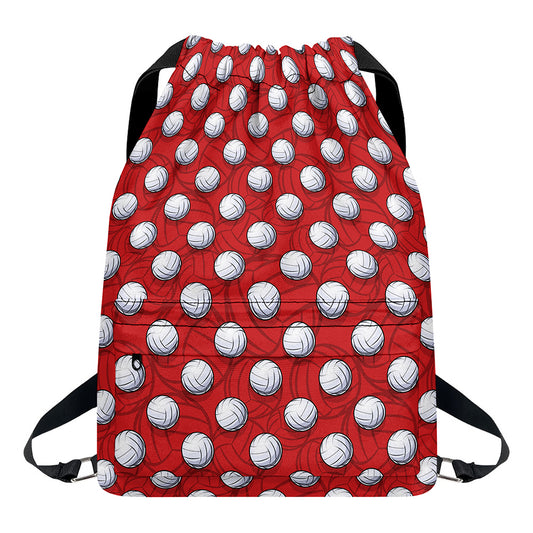Red And White Volleyball Pattern Print Drawstring Backpack
