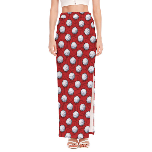 Red And White Volleyball Pattern Print High Slit Maxi Skirt