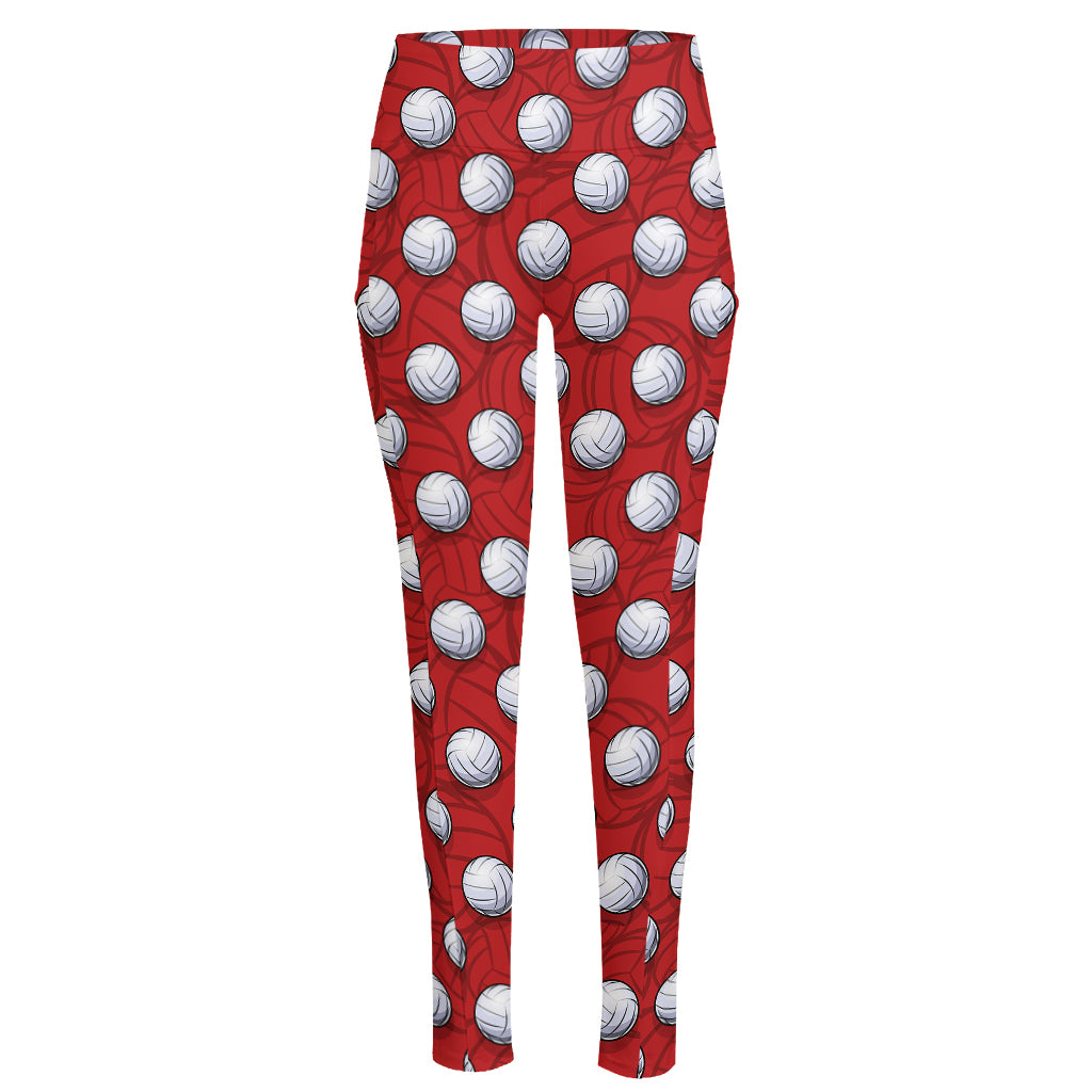 Red And White Volleyball Pattern Print High-Waisted Pocket Leggings