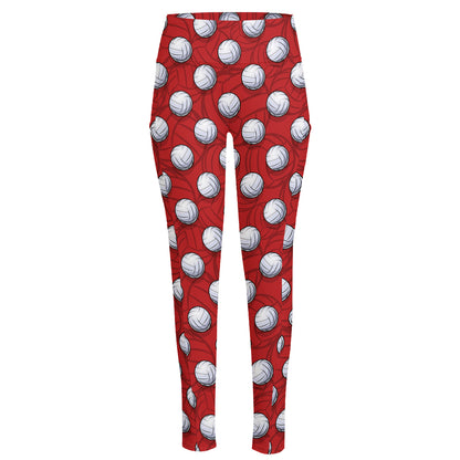Red And White Volleyball Pattern Print High-Waisted Pocket Leggings