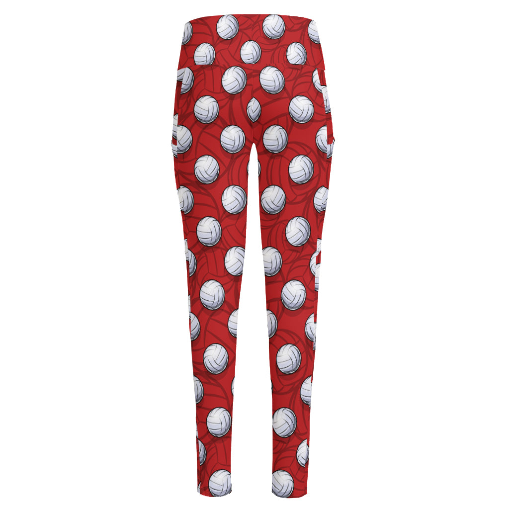 Red And White Volleyball Pattern Print High-Waisted Pocket Leggings