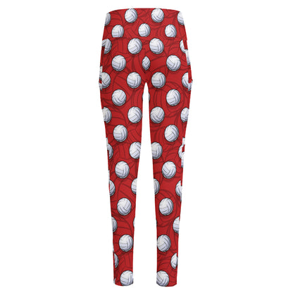 Red And White Volleyball Pattern Print High-Waisted Pocket Leggings