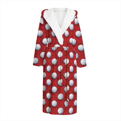 Red And White Volleyball Pattern Print Hooded Bathrobe