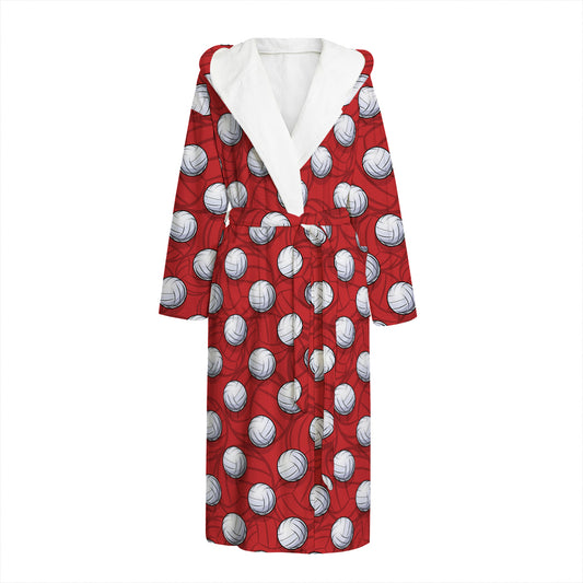 Red And White Volleyball Pattern Print Hooded Bathrobe