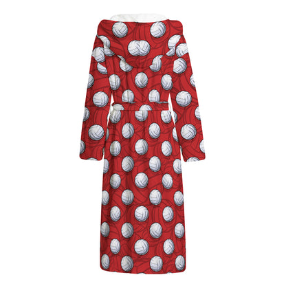 Red And White Volleyball Pattern Print Hooded Bathrobe