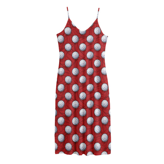 Red And White Volleyball Pattern Print Jersey Midi Cami Dress