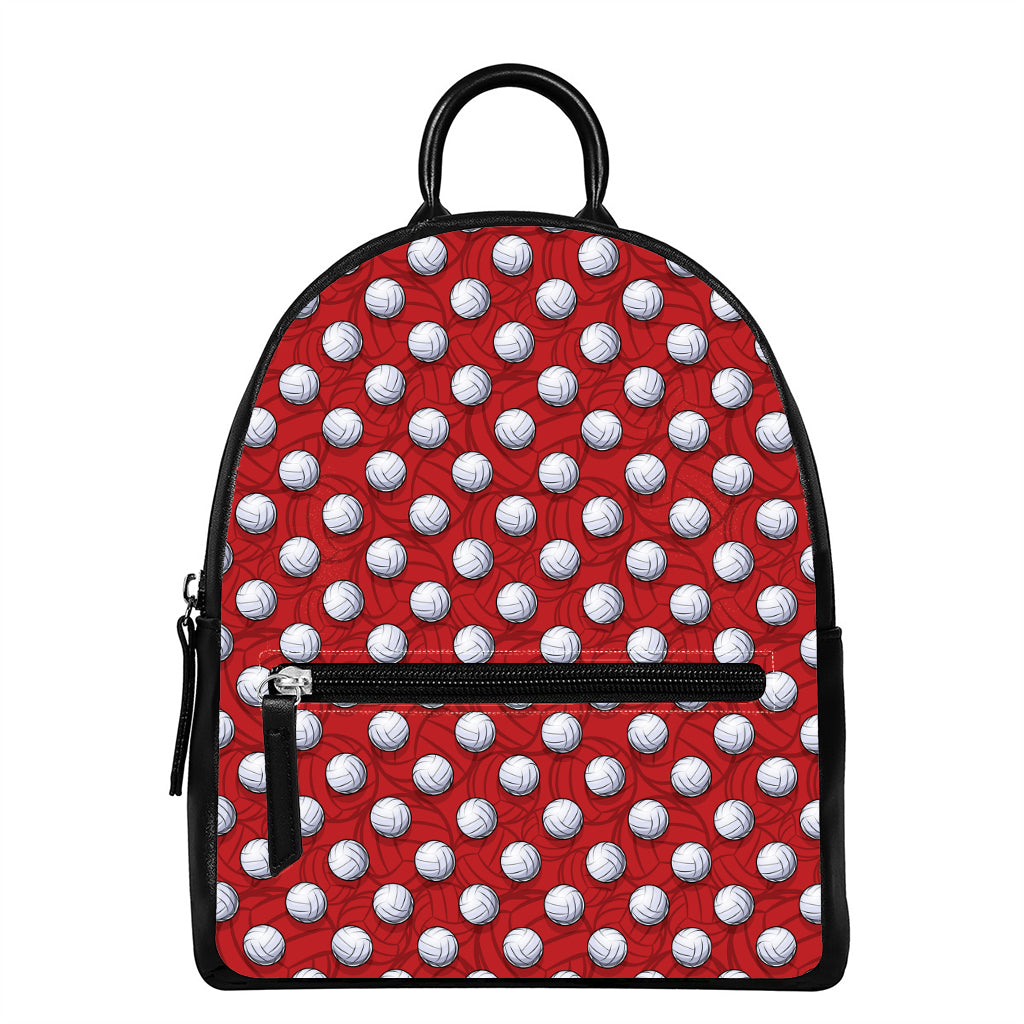 Red And White Volleyball Pattern Print Leather Backpack