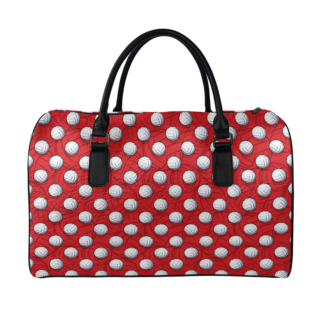 Red And White Volleyball Pattern Print Leather Duffle Bag