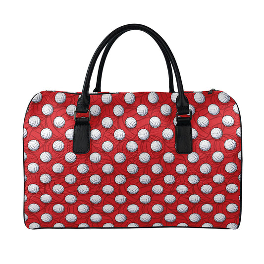 Red And White Volleyball Pattern Print Leather Duffle Bag