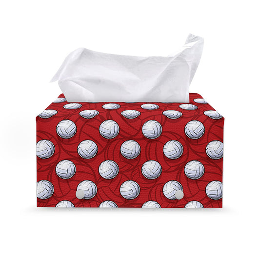 Red And White Volleyball Pattern Print Leather Tissue Box Cover