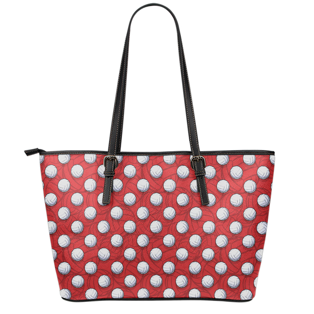 Red And White Volleyball Pattern Print Leather Tote Bag