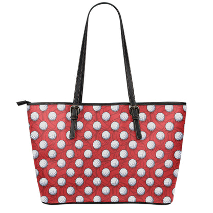 Red And White Volleyball Pattern Print Leather Tote Bag