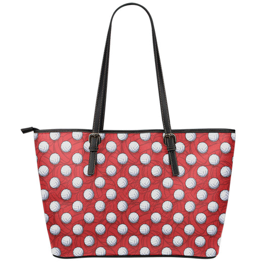 Red And White Volleyball Pattern Print Leather Tote Bag