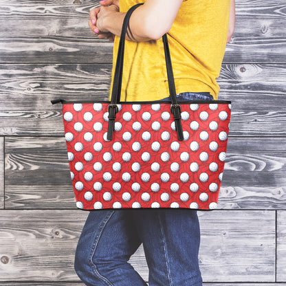 Red And White Volleyball Pattern Print Leather Tote Bag