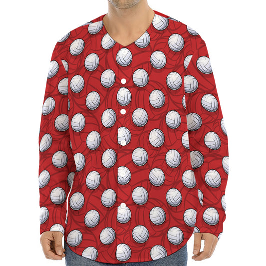 Red And White Volleyball Pattern Print Long Sleeve Baseball Jersey