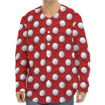 Red And White Volleyball Pattern Print Long Sleeve Baseball Jersey