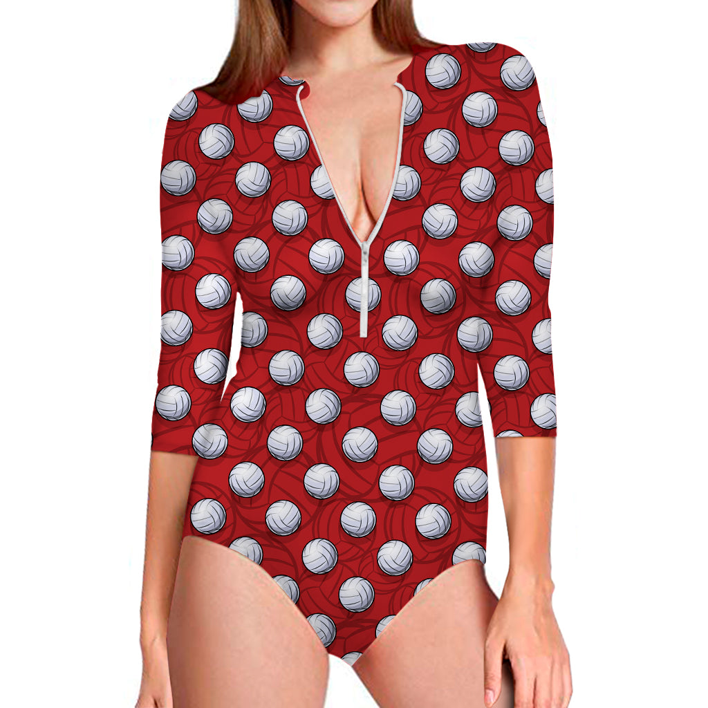 Red And White Volleyball Pattern Print Long Sleeve Swimsuit