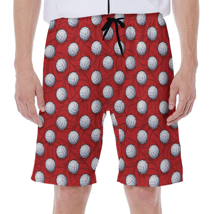Red And White Volleyball Pattern Print Men's Beach Shorts