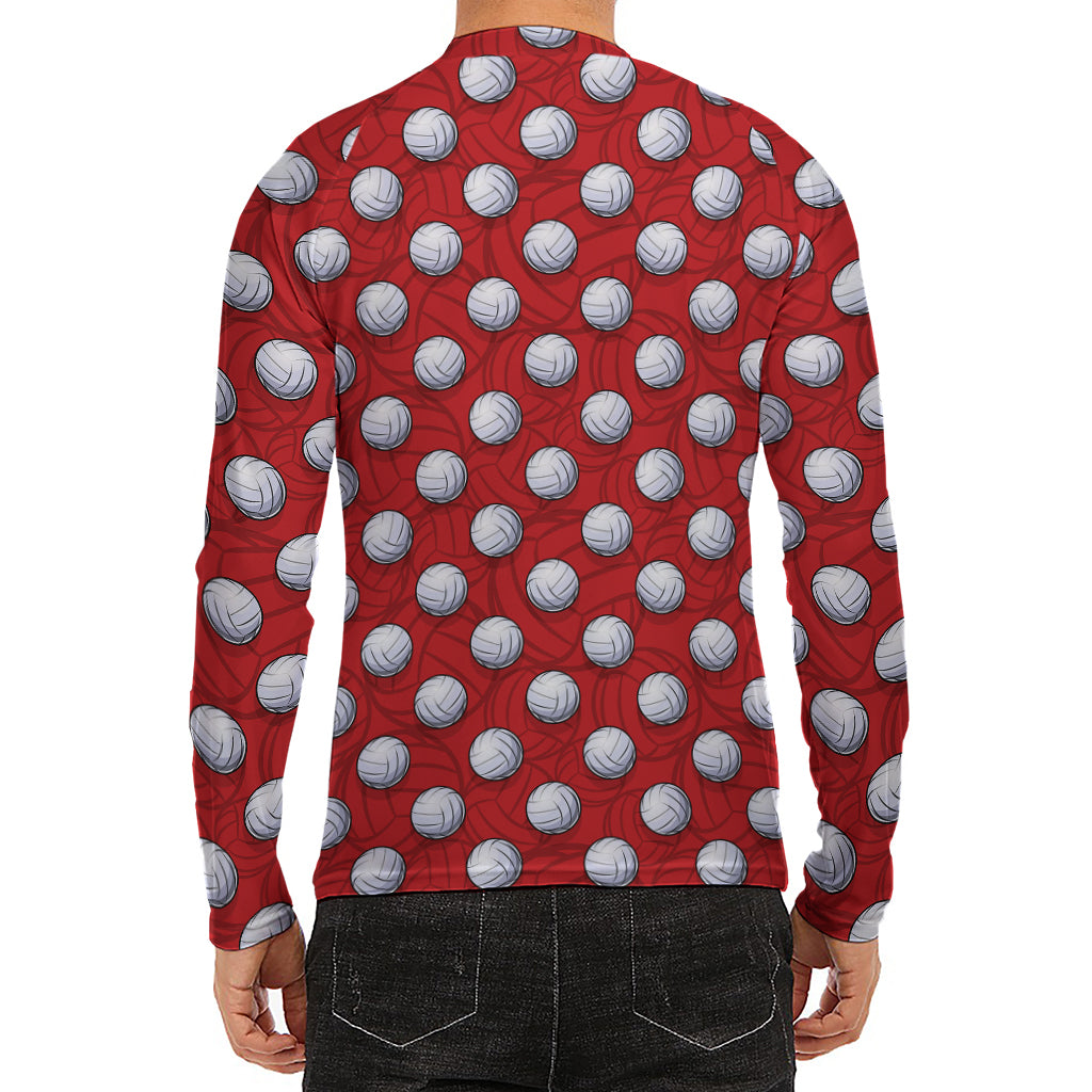 Red And White Volleyball Pattern Print Men's Long Sleeve Rash Guard