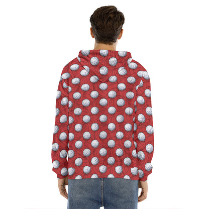Red And White Volleyball Pattern Print Men's Velvet Pullover Hoodie