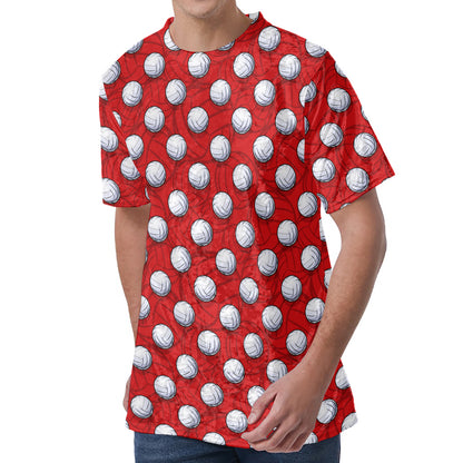 Red And White Volleyball Pattern Print Men's Velvet T-Shirt