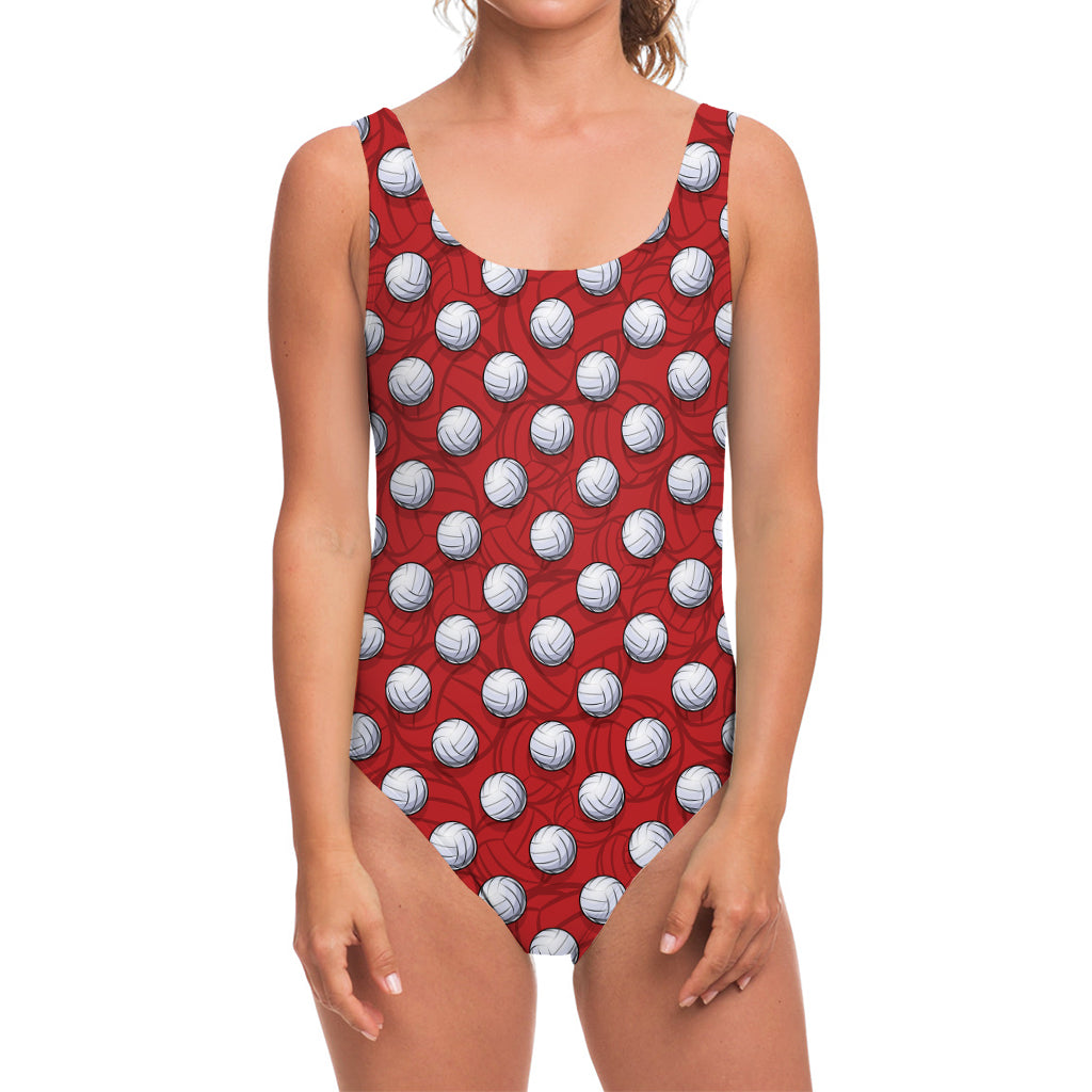 Red And White Volleyball Pattern Print One Piece Swimsuit