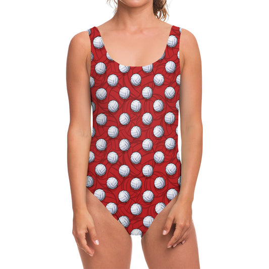 Red And White Volleyball Pattern Print One Piece Swimsuit