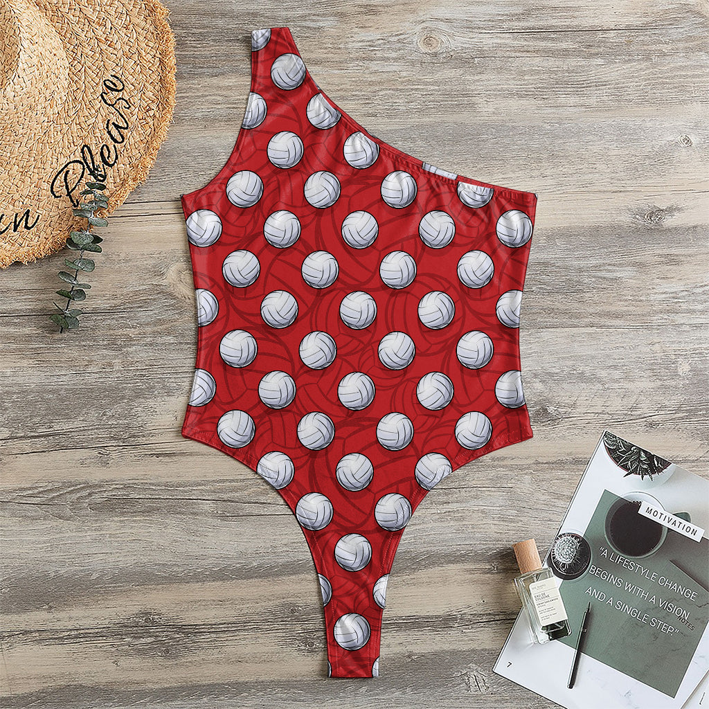 Red And White Volleyball Pattern Print One Shoulder Bodysuit