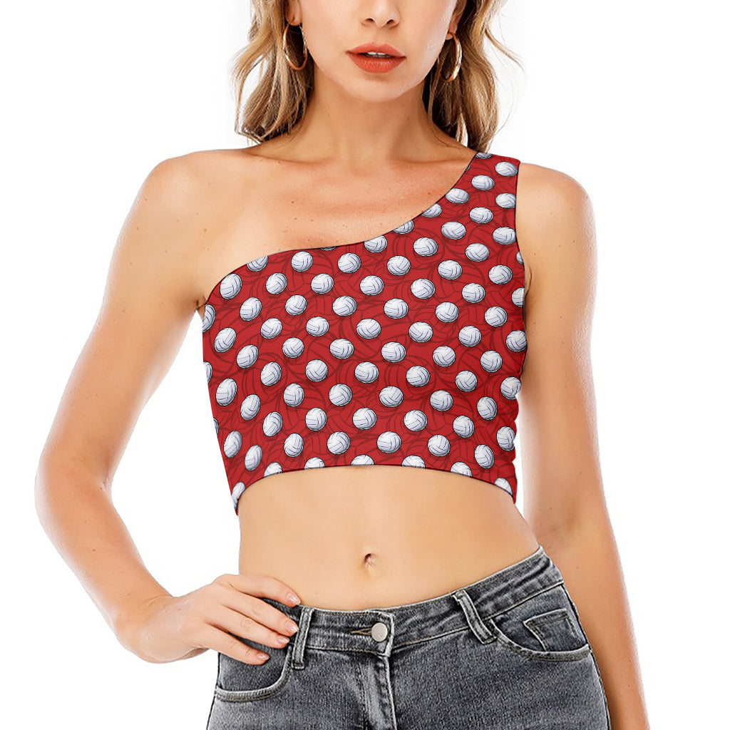Red And White Volleyball Pattern Print One Shoulder Crop Top