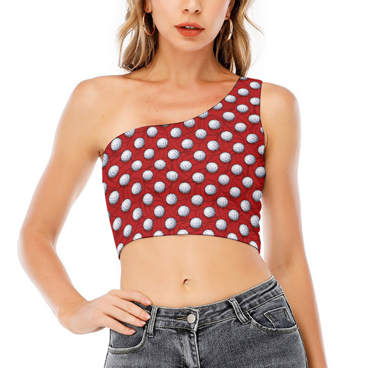 Red And White Volleyball Pattern Print One Shoulder Crop Top
