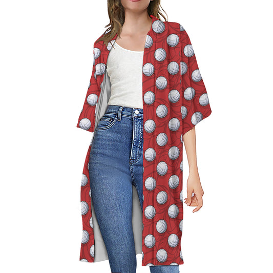 Red And White Volleyball Pattern Print Open Front Beach Cover Up