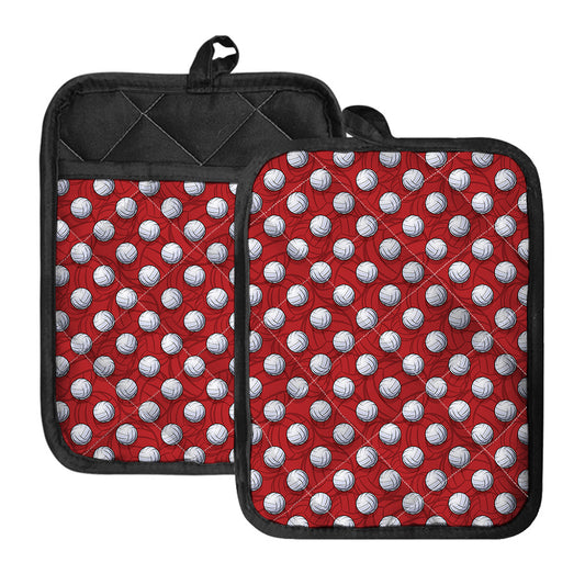Red And White Volleyball Pattern Print Pot Holders With Pocket