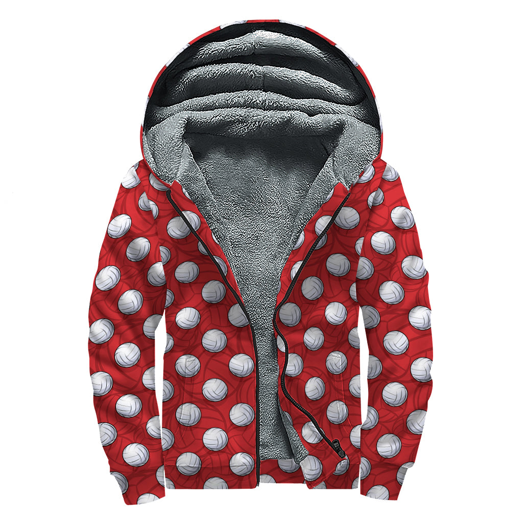Red And White Volleyball Pattern Print Sherpa Lined Zip Up Hoodie