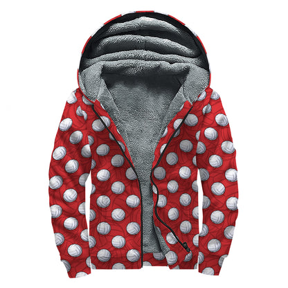 Red And White Volleyball Pattern Print Sherpa Lined Zip Up Hoodie